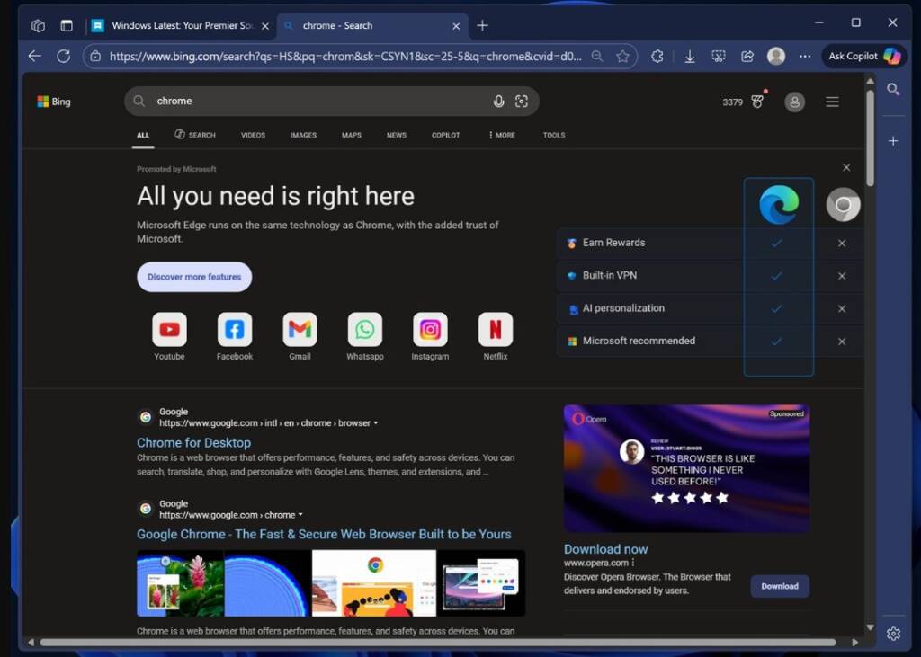 Microsoft продолжает активно рекламировать Edge даже на страницах загрузки Chrome